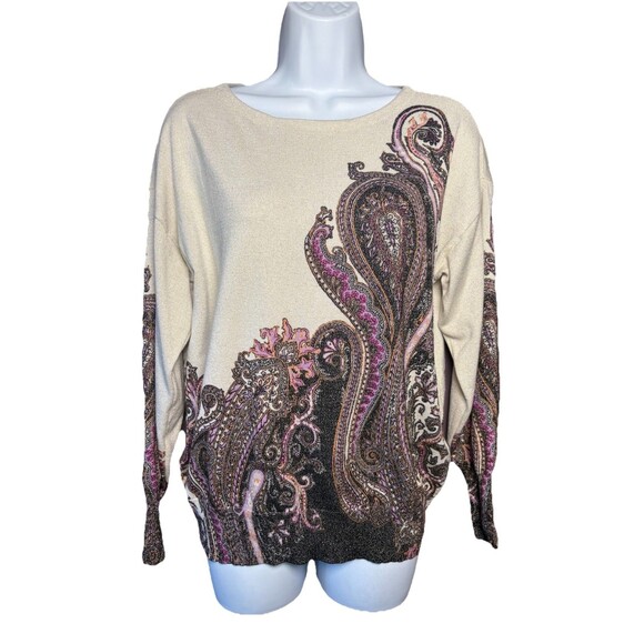 Chico's Metallic Paisley Knit Sweater Top Women's Size 1 Medium Cream Purple - Picture 2 of 11